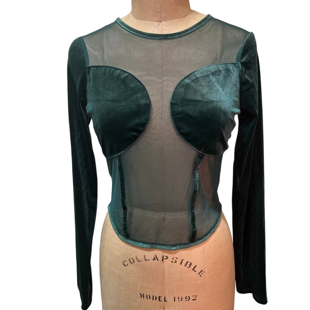 Women's Velvet Sheer Mesh Contrast Long Sleeve Crop Top Green NWT Size XL